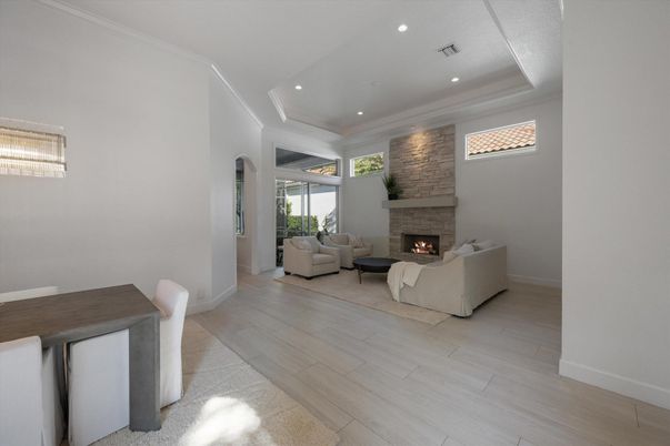 Fireplace, Interior, Living room, Recessed Lighting, Wood Texture Flooring