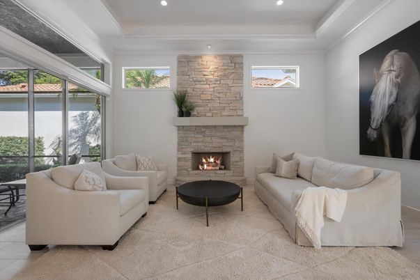 Fireplace, Interior, Living room, Recessed Lighting, Stone Walls