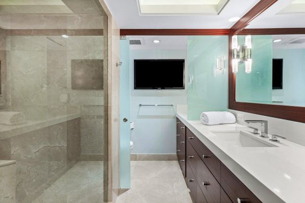 Bathroom, Dual Sink Vanities, Glass Shower, Interior, Recessed Lighting