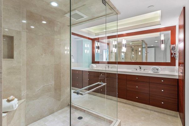 Bathroom, Dual Sink Vanities, Glass Shower, Interior, Recessed Lighting