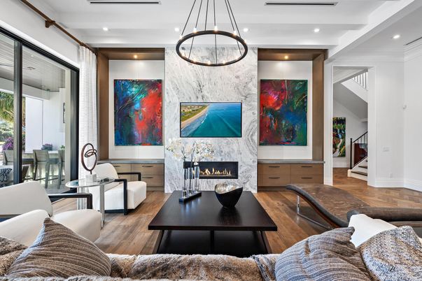 Fireplace, Interior, Living room, Marble Walls, Pendant Lights, Recessed Lighting, Wood Texture Flooring