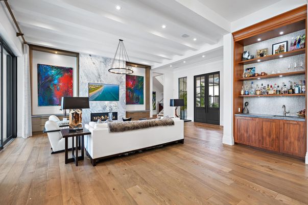 Fireplace, Interior, Living room, Pendant Lights, Recessed Lighting, Wood Texture Flooring
