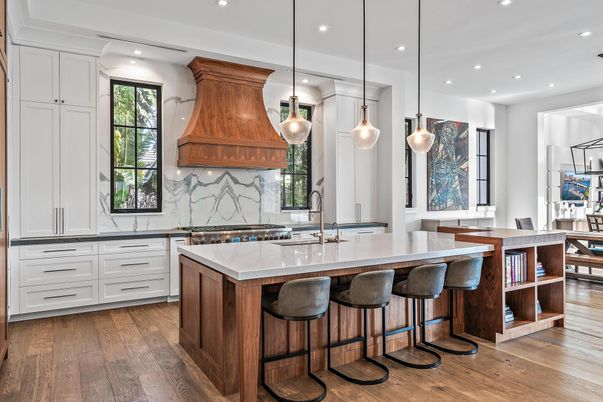 Interior, Kitchen, Marble Walls, Pendant Lights, Recessed Lighting, Wood Texture Flooring