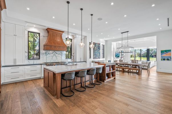 Dining room, Interior, Kitchen, Marble Walls, Pendant Lights, Recessed Lighting, Wood Texture Flooring