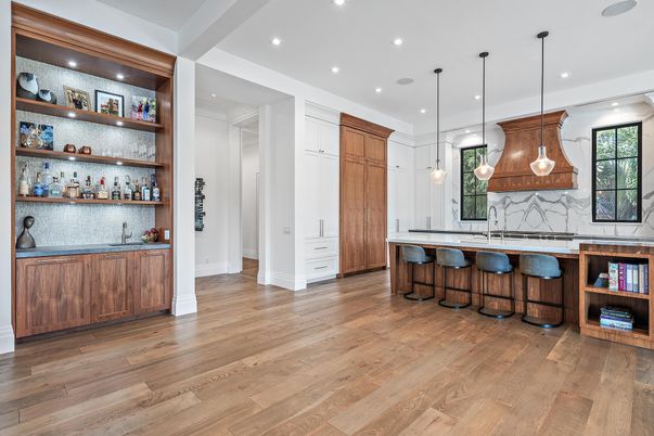 Interior, Kitchen, Marble Walls, Pendant Lights, Recessed Lighting, Wood Texture Flooring