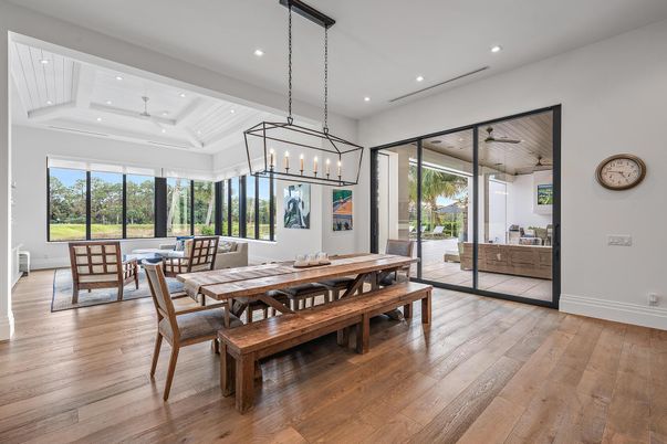 Dining room, Interior, Pendant Lights, Recessed Lighting, Wood Texture Flooring