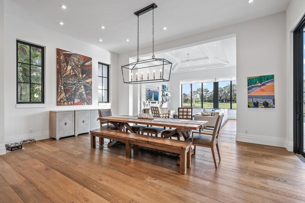 Dining room, Interior, Living room, Pendant Lights, Recessed Lighting, Wood Texture Flooring