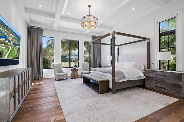 Bedroom, Chandelier, Interior, Recessed Lighting, Wood Texture Flooring