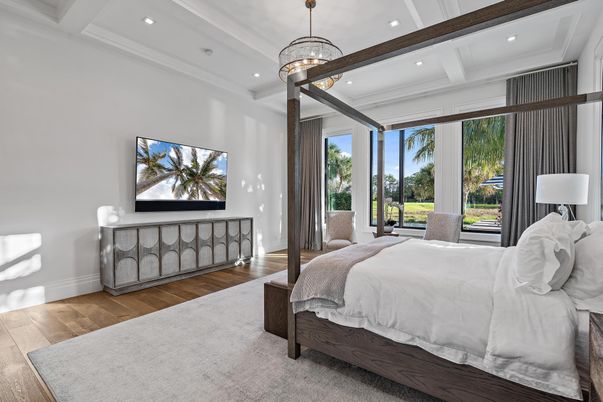 Bedroom, Interior, Pendant Lights, Recessed Lighting, Wood Texture Flooring