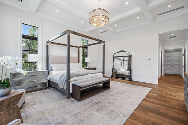 Bedroom, Chandelier, Interior, Recessed Lighting, Wood Texture Flooring