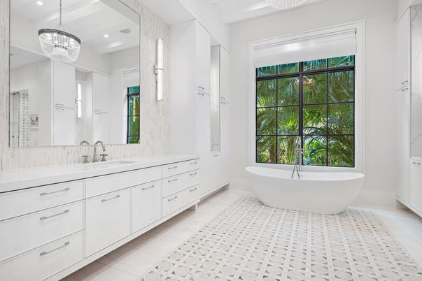 Bathroom, Chandelier, Dual Sink Vanities, Free Standing Baths, Interior, Recessed Lighting