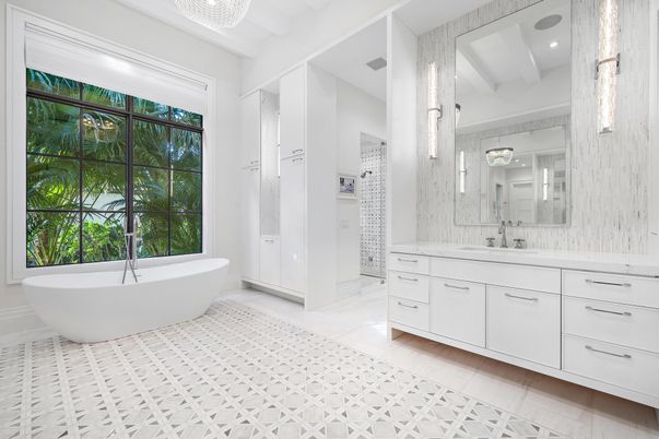 Bathroom, Dual Sink Vanities, Free Standing Baths, Interior, Pendant Lights, Recessed Lighting