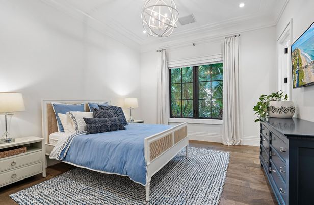 Bedroom, Interior, Pendant Lights, Recessed Lighting, Wood Texture Flooring