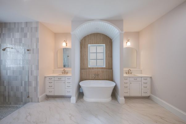 Bathroom, Dual Sink Vanities, Free Standing Baths, Glass Shower, Interior, Marble