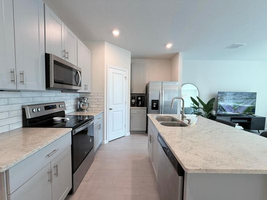 Interior, Kitchen, Recessed Lighting, Stainless Steel Appliances, Wood Texture Flooring