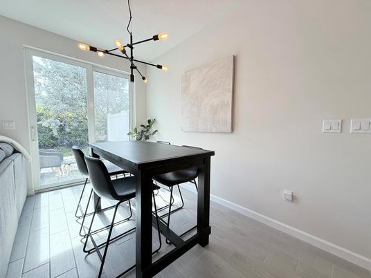 Dining room, Interior, Pendant Lights, Wood Texture Flooring