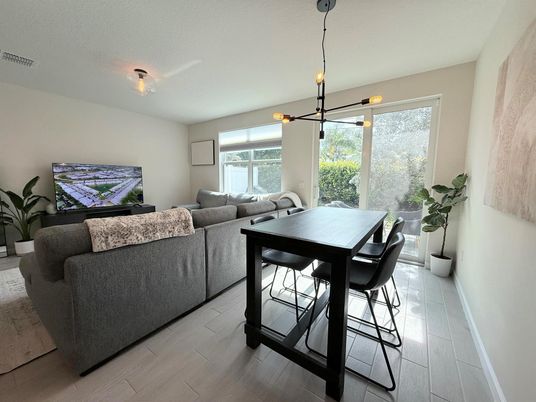 Dining room, Interior, Living room, Pendant Lights, Wood Texture Flooring