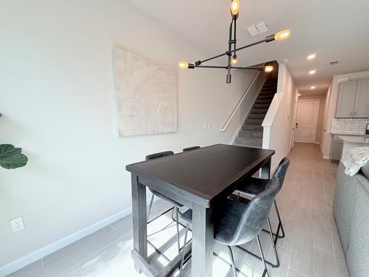 Dining room, Interior, Pendant Lights, Recessed Lighting, Wood Texture Flooring