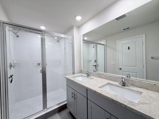 Bathroom, Dual Sink Vanities, Glass Shower, Interior, Recessed Lighting
