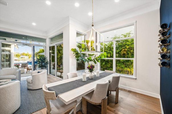 Dining room, Interior, Living room, Pendant Lights, Recessed Lighting, Wood Texture Flooring