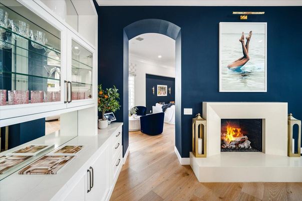 Fireplace, Interior, Recessed Lighting, Wood Texture Flooring