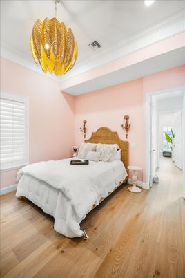 Bedroom, Interior, Pendant Lights, Recessed Lighting, Wood Texture Flooring