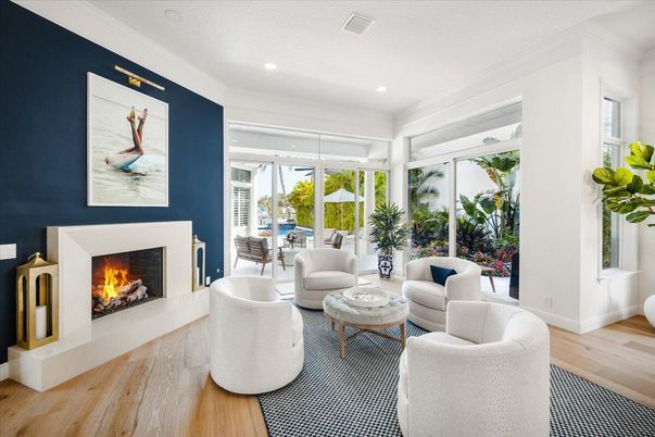 Fireplace, Interior, Living room, Recessed Lighting, Wood Texture Flooring