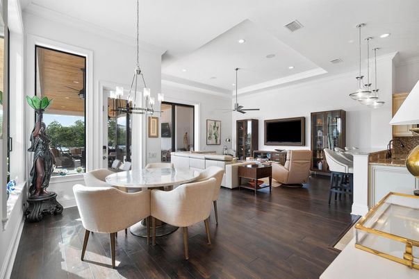 Dining room, Interior, Living room, Pendant Lights, Recessed Lighting, Wood Texture Flooring