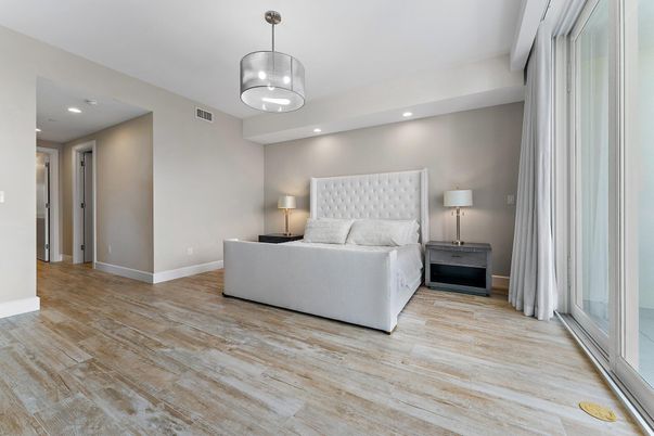 Bedroom, Interior, Pendant Lights, Recessed Lighting, Wood Texture Flooring