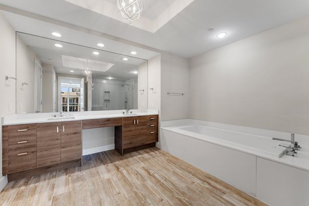 Bathroom, Dual Sink Vanities, Interior, Recessed Lighting, Wood Texture Flooring