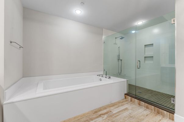 Bathroom, Glass Shower, Interior, Recessed Lighting, Wood Texture Flooring