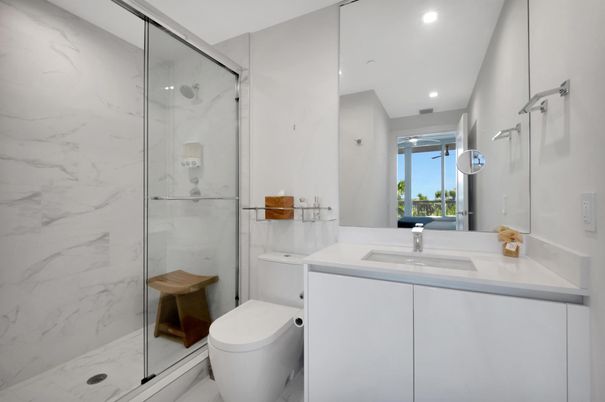 Bathroom, Glass Shower, Interior, Marble Walls, Recessed Lighting