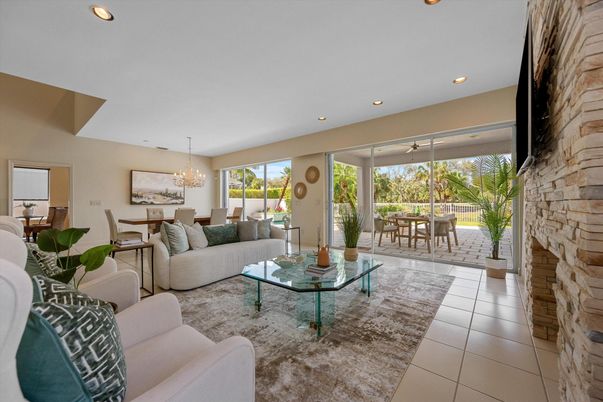 Chandelier, Dining room, Fireplace, Interior, Living room, Recessed Lighting, Stone Walls