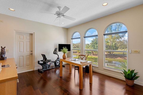 Fitness Equipment, Home Office, Interior, Recessed Lighting, Wood Texture Flooring