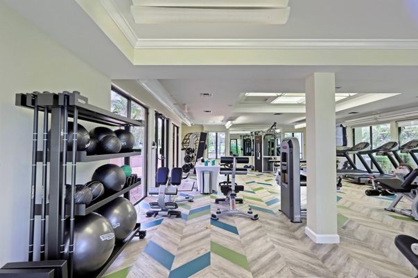 Fitness Equipment, Gym, Interior, Recessed Lighting, Wood Texture Flooring