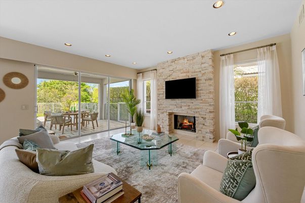 Dining room, Fireplace, Interior, Living room, Recessed Lighting, Stone Walls