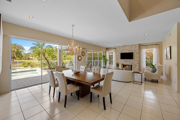 Chandelier, Dining room, Fireplace, Interior, Living room, Recessed Lighting, Stone Walls