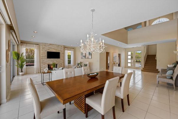 Chandelier, Dining room, Fireplace, Interior, Living room, Recessed Lighting, Stone Walls