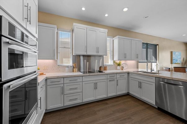 Interior, Kitchen, Recessed Lighting, Stainless Steel Appliances, Wood Texture Flooring