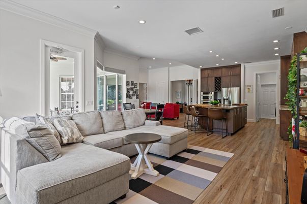 Dining room, Interior, Kitchen, Living room, Recessed Lighting, Stainless Steel Appliances, Wood Texture Flooring