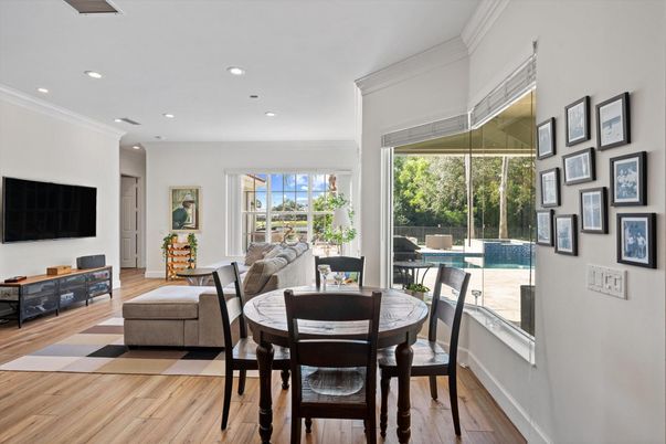 Dining room, Interior, Recessed Lighting, Wood Texture Flooring
