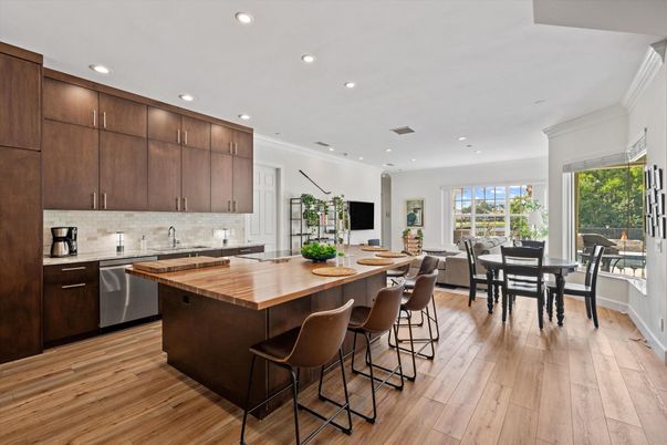 Dining room, Interior, Kitchen, Recessed Lighting, Stainless Steel Appliances, Wood Texture Flooring