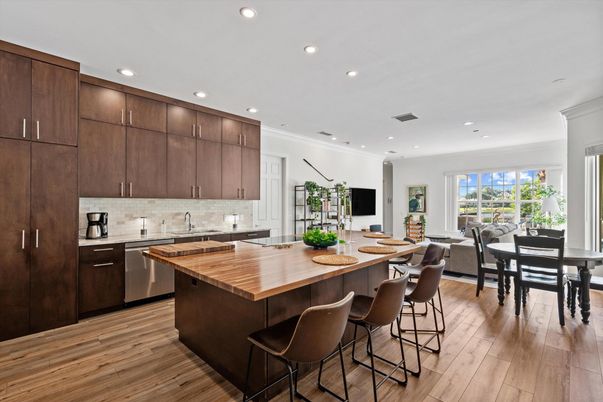 Dining room, Interior, Kitchen, Recessed Lighting, Stainless Steel Appliances, Wood Texture Flooring