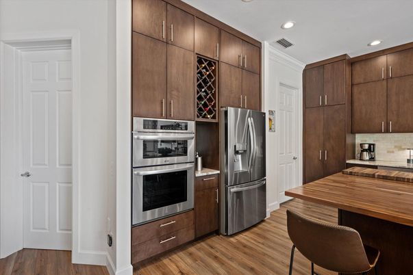 Interior, Kitchen, Recessed Lighting, Stainless Steel Appliances, Wood Texture Flooring