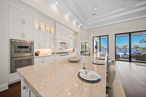 Interior, Kitchen, Recessed Lighting, Stainless Steel Appliances, Water, Wood Texture Flooring