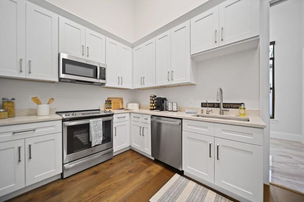 Interior, Kitchen, Stainless Steel Appliances, Wood Texture Flooring