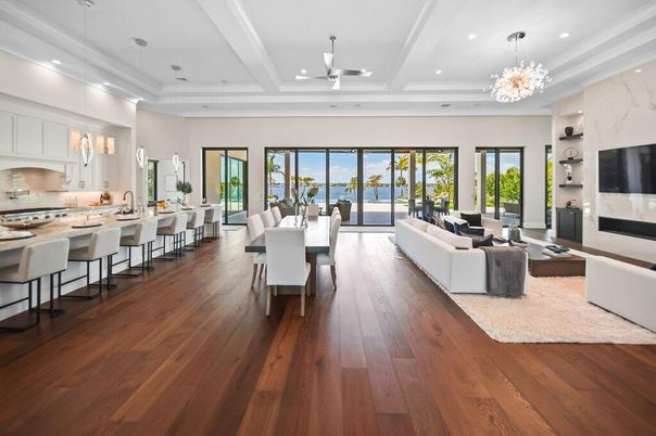 Chandelier, Dining room, Fireplace, Interior, Kitchen, Living room, Pendant Lights, Recessed Lighting, Wood Texture Flooring