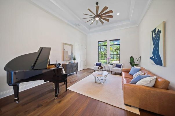 Interior, Living room, Piano, Recessed Lighting, Wood Texture Flooring