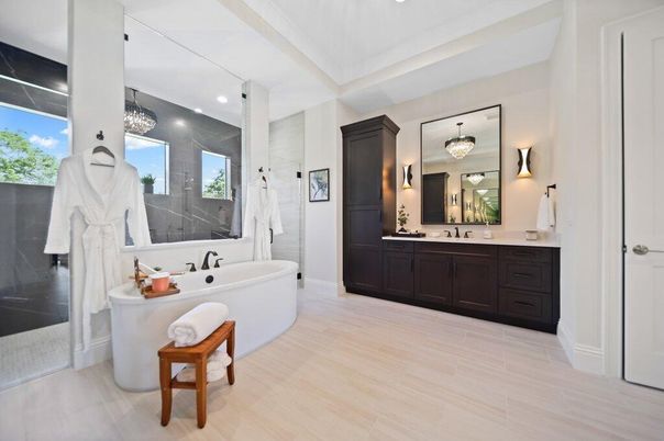 Bathroom, Dual Sink Vanities, Free Standing Baths, Interior, Pendant Lights, Recessed Lighting, Wood Texture Flooring