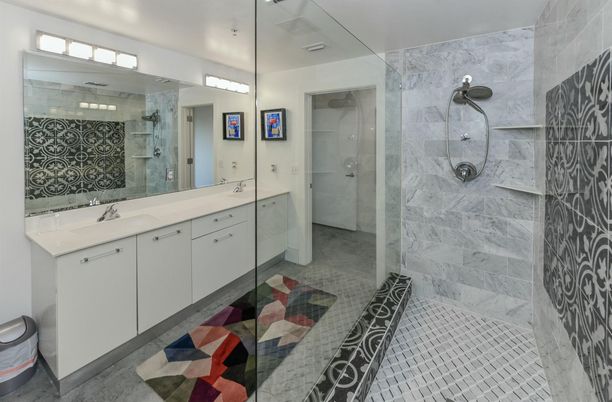 Bathroom, Dual Sink Vanities, Glass Shower, Interior, Marble Walls, Recessed Lighting